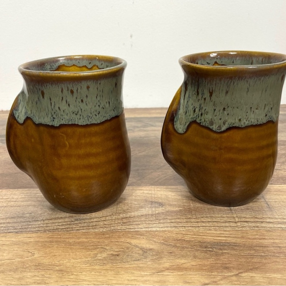 2 Clay In Motion Hand Warmer Mugs- Brown and Gray- Handmade Ceramic